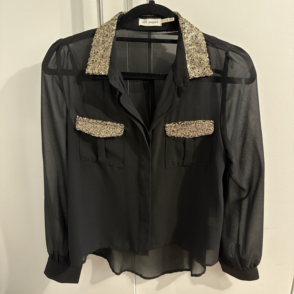 Blu Pepper Black Sheer Blouse with Gold Trim